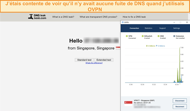 Capture d'écran d'OVPN passant un test de fuite DNS