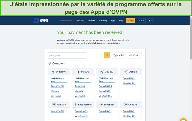 Capture d'écran des options de l'application OVPN