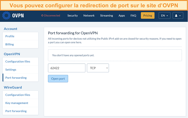 Capture d'écran de l'option de redirection de port sur OVPN