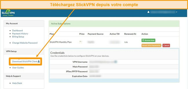 Capture d'écran du compte SlickVPN avec option de téléchargement