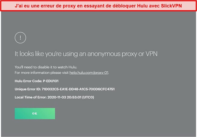 Capture d'écran de SlickVPN bloqué par Hulu