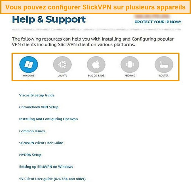 Capture d'écran du guide de support SlickVPN