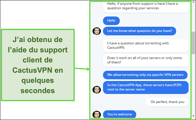 Capture d'écran montrant que le support client est rapide et utile