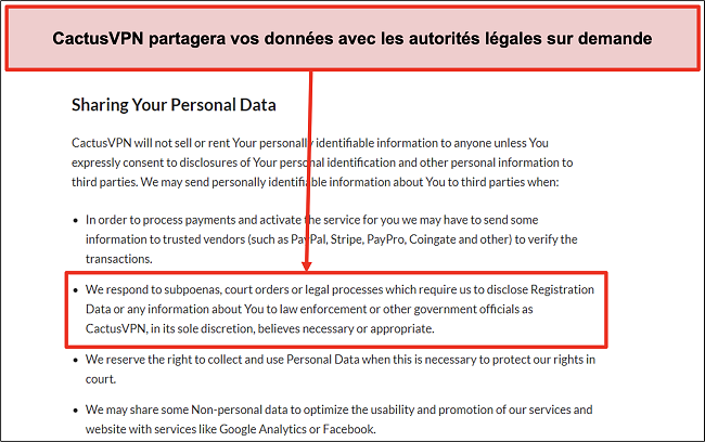 Capture d'écran de la politique de confidentialité de CactusVPN qui montre qu'ils transmettront vos données