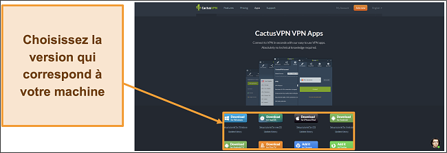Capture d'écran montrant où télécharger la version de CactusVPN que vous souhaitez sur son site Web