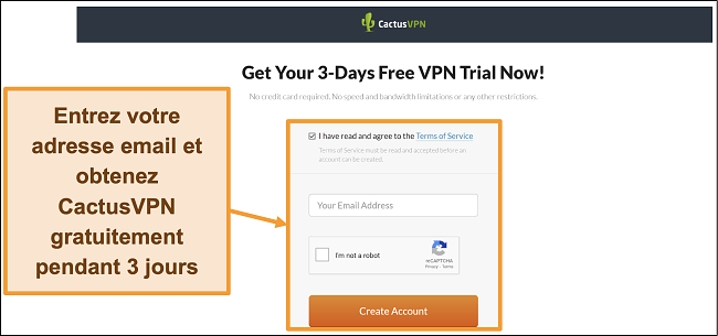 Capture d'écran montrant comment s'inscrire à l'essai gratuit de CactusVPN
