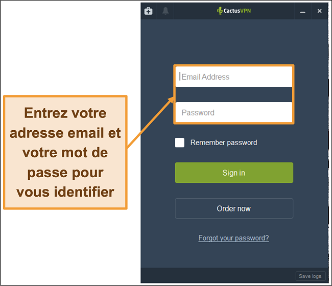 Capture d'écran montrant l'écran de connexion sur le client CactusVPN