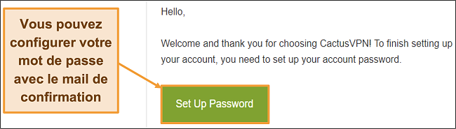 Capture d'écran montrant l'e-mail de confirmation de CactusVPN pour créer un mot de passe pour votre compte