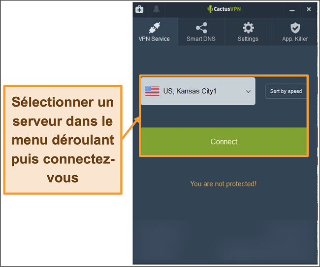 Capture d'écran de l'interface CactusVPN montrant le menu déroulant de sélection du serveur