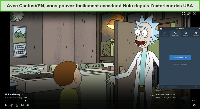 Une capture d'écran de Rick et Morty coulant avec succès dans le creux avec CactusVPN connecté