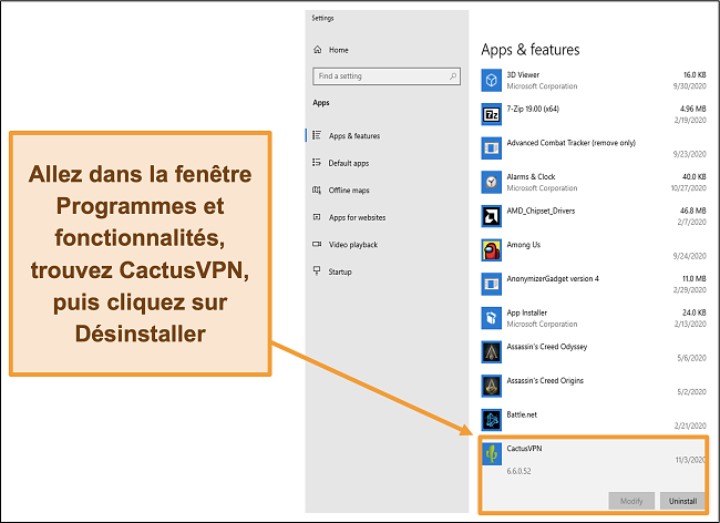 Capture d'écran montrant comment démarrer le processus de désinstallation de CactusVPN à partir du menu Applications et fonctionnalités