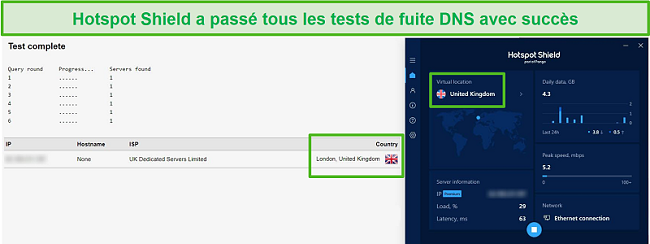 Capture d'écran de Hotspot Shield passant un test DNS alors qu'il était connecté à un serveur britannique.