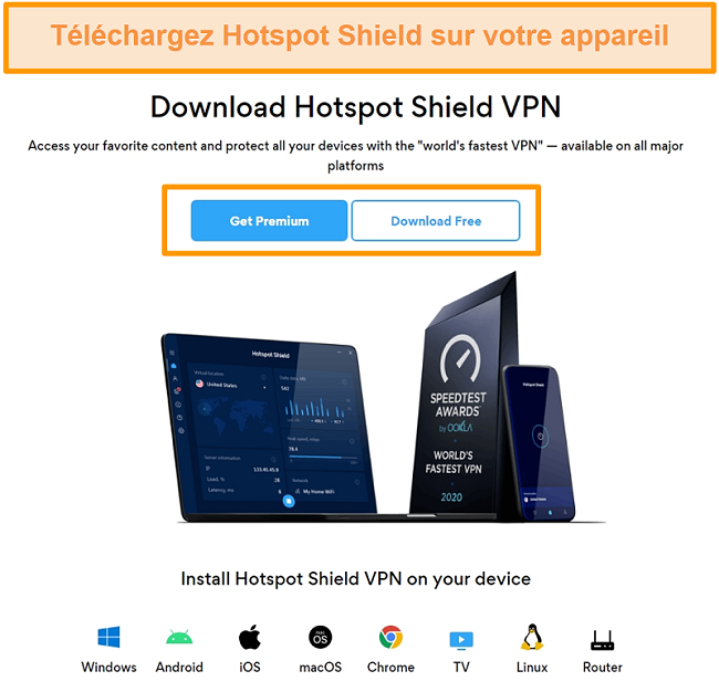 Capture d'écran de la page de téléchargement de Hotspot Shield.