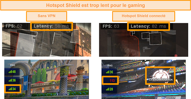 Capture d'écran de Call of Duty: Modern Warfare et Rocket League testés pour l'augmentation de la latence lorsqu'ils sont connectés à Hotspot Shield VPN sur PC.