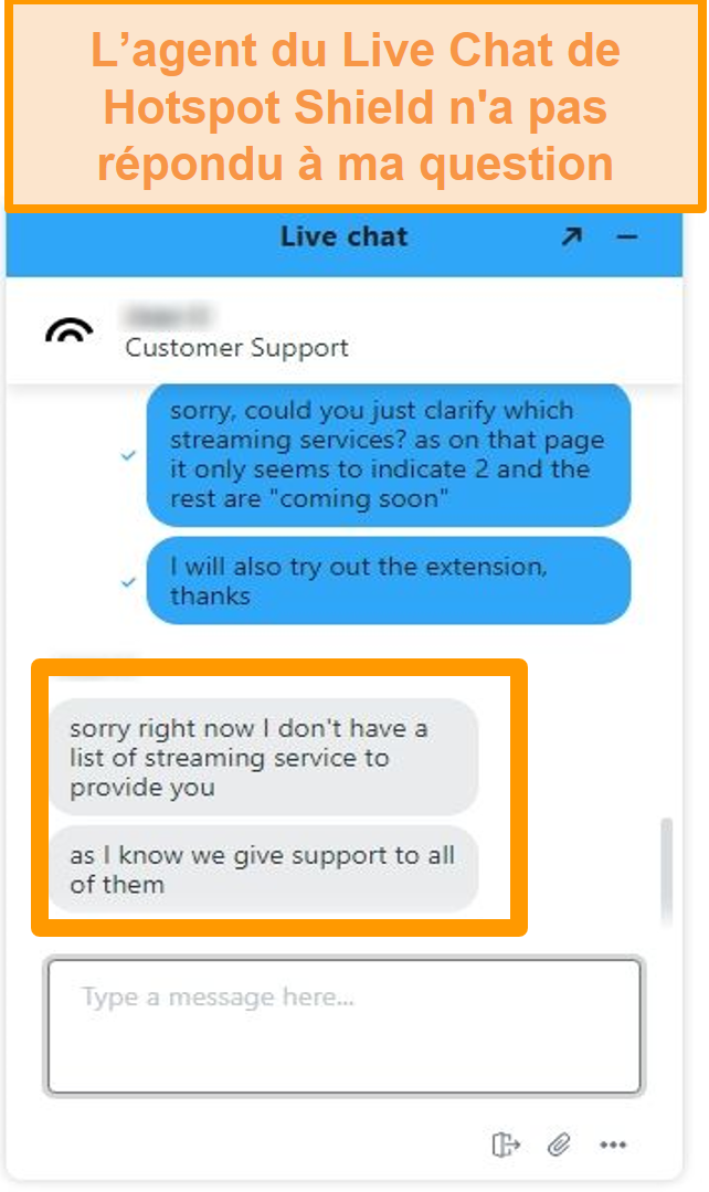 Capture d'écran d'un agent de chat en direct Hotspot Shield incapable de répondre à ma question