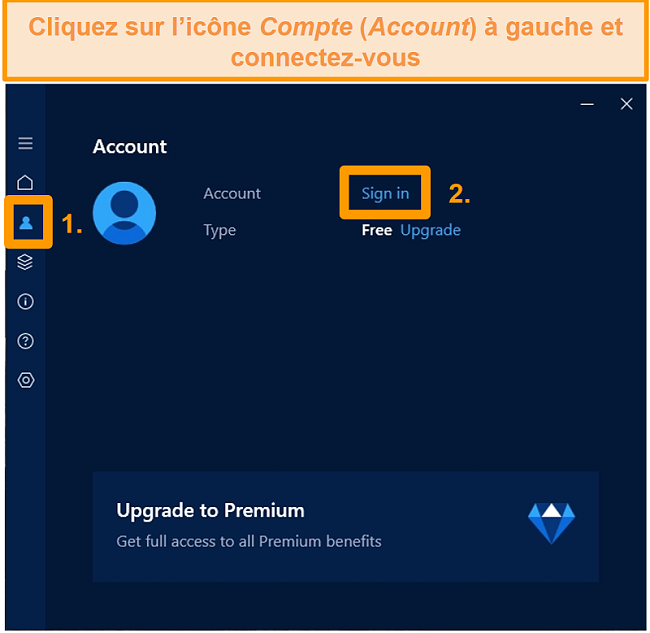 Capture d'écran de l'écran de connexion du compte de l'application Windows Hotspot Shield.