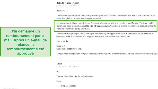 Capture d'écran d'une conversation par e-mail avec l'assistance Hotspot Shield, entraînant l'approbation d'un remboursement.