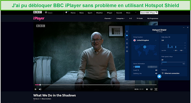 Capture d'écran de Hotspot Shield débloquant ce que nous faisons dans l'ombre sur BBC iPlayer.