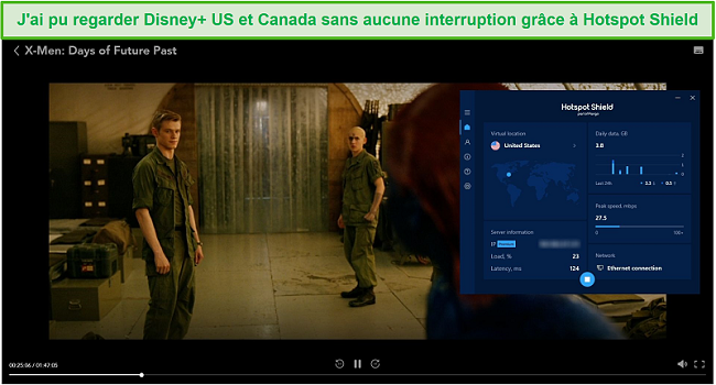 Capture d'écran de Hotspot Shield débloquant Disney + et diffusant X-Men: Days of Future Past.