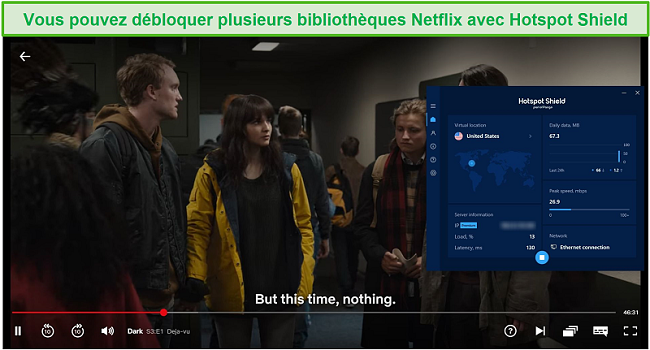 Capture d'écran de Hotspot Shield débloquant Netflix et diffusant Dark.