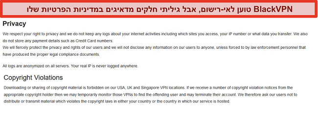 תמונת מסך של החלקים בנושא הפרות וזכויות יוצרים בתנאי השירות של BlackVPN