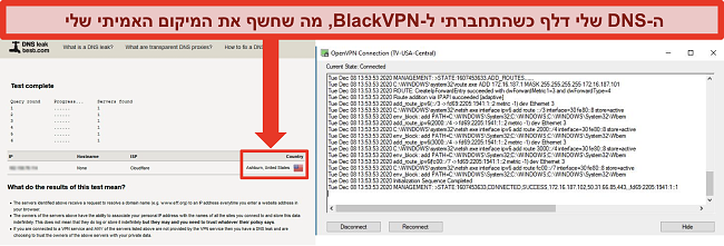 צילום מסך של בדיקת דליפת DNS נכשלה בזמן ש- BlackVPN מחובר לשרת בארה