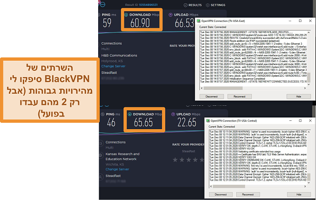 צילום מסך של 2 בדיקות מהירות כשהוא מחובר לשרתי BlackVPN בארה