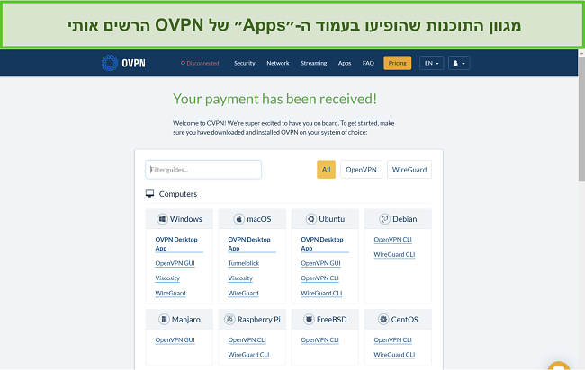 צילום מסך של אפשרויות האפליקציה של OVPN