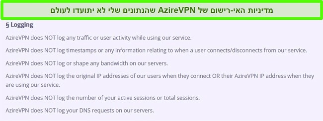 צילום מסך של מדיניות אפס יומני AzireVPN