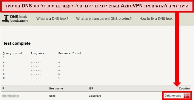 צילום מסך של בדיקת דליפת DNS מוצלחת