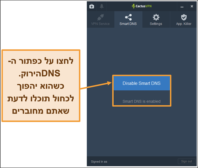 תמונת מסך של ממשק CactusVPN המראה כיצד להפעיל את ה- DNS החכם