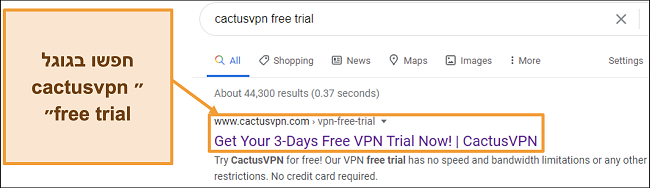 תמונת מסך המציגה כיצד למצוא את גרסת הניסיון בחינם של CactusVPN בגוגל