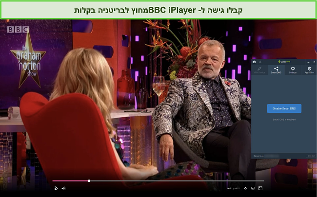 תמונת מסך של תוכנית גרהם נורטון זורמת בהצלחה ב- iPlayer של ה- BBC עם CactusVPN מחובר