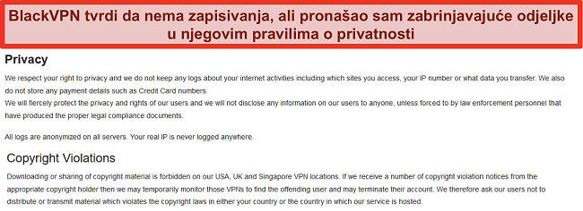 Snimka zaslona odjeljaka privatnosti i kršenja autorskih prava Uvjeta pružanja usluge BlackVPN