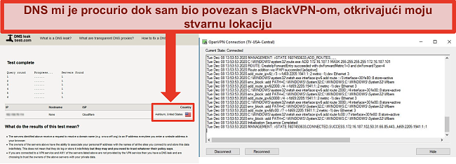Snimka zaslona neuspjelog testa curenja DNS-a dok je BlackVPN povezan s poslužiteljem u SAD-u