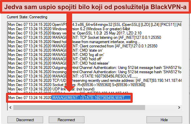 Snimka zaslona BlackVPN-a koji se pokušava povezati s poslužiteljem putem OpenVPN klijenta