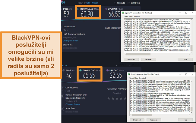 Snimak zaslona 2 testa brzine dok ste povezani s BlackVPN poslužiteljima u SAD-u