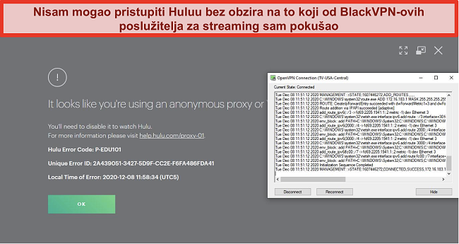 Snimka zaslona Hulu-ove proxy IP pogreške dok je BlackVPN povezan putem OpenVPN-a