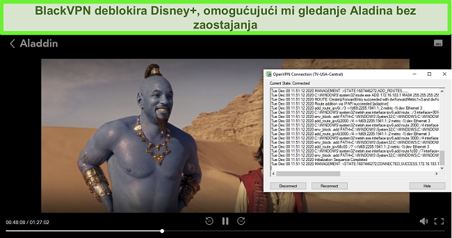 Snimka zaslona Aladdina na Disneyu + dok je BlackVPN povezan sa središnjim poslužiteljem SAD-a za streaming putem OpenVPN klijenta