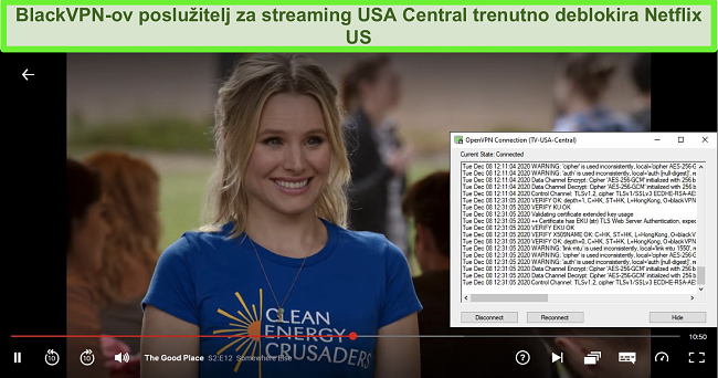 Snimak zaslona The Good Place na Netflixu dok je BlackVPN povezan sa središnjim poslužiteljem SAD-a za streaming putem OpenVPN klijenta