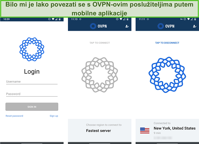 Snimka zaslona postupka prijave OVPN-a na mobilnom uređaju