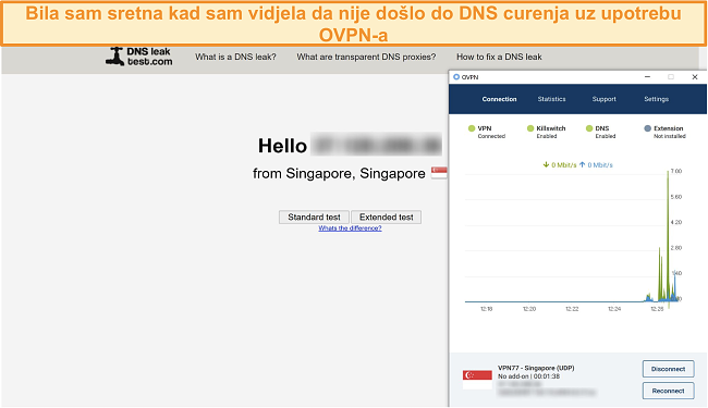 Snimka zaslona OVPN-a koji prolazi DNS test curenja