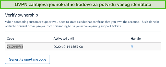 Snimka zaslona jednokratnog koda OVPN-a za provjeru identiteta tijekom postupka otkazivanja pretplate