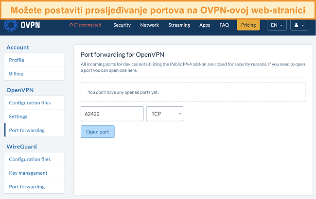 Snimka zaslona opcije prosljeđivanja priključaka na OVPN-u