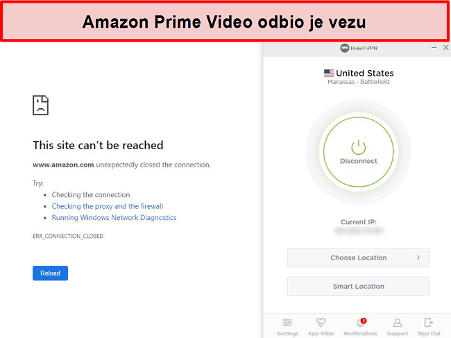 Snimka zaslona Amazon Prime Video odbijanja veze HideIPVPN.