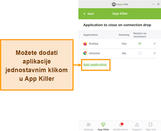 Snimka zaslona HideIPVPN Application Killer-a.