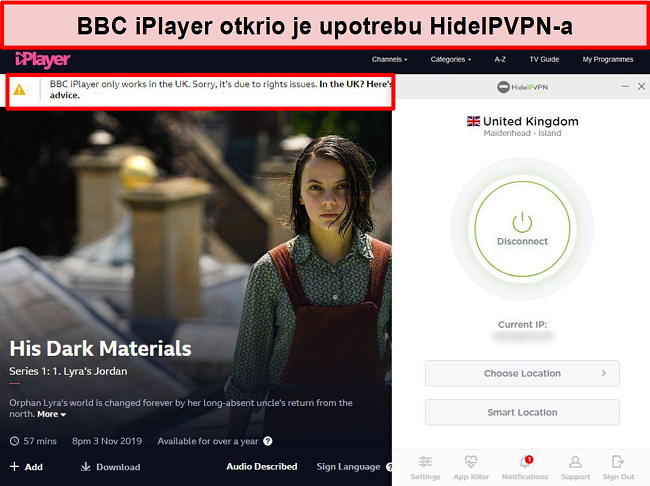 Snimka zaslona BBC iPlayer pogreške koja otkriva da se ne nalazite u Velikoj Britaniji.