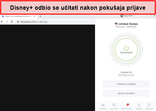 Snimka zaslona HideIPVPN-a koji nije uspio pristupiti Disneyu +.