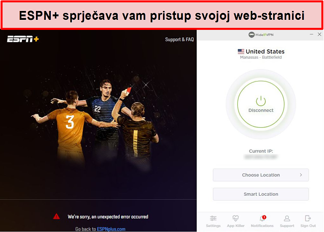 Snimka zaslona ESPN + koji vam sprječava pristup njegovim uslugama putem HideIPVPN.