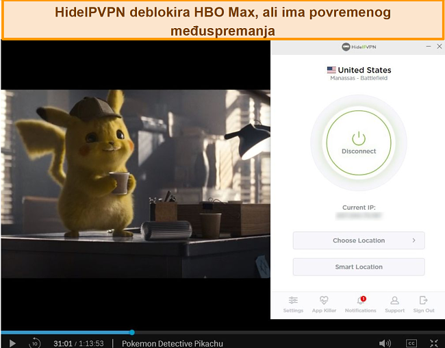 Snimka zaslona HideIPVPN-a kako deblokira HBO Max, streaming Pokemon Detektiv Pikachu.